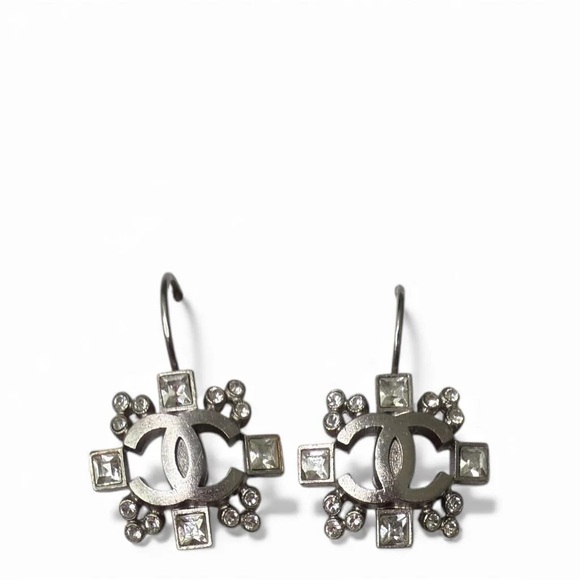 Chanel Silver Plated CC with Crystals 2006 Drop Earrings Silver